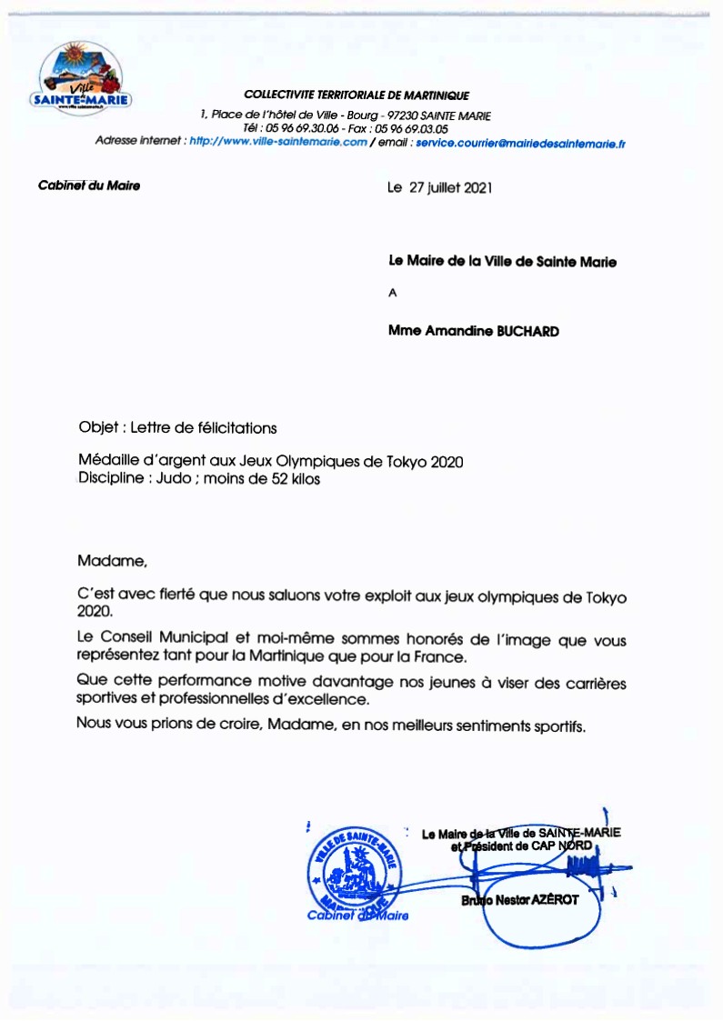 Lettre de félicitations du Maire et de son conseil municipal à Amandine