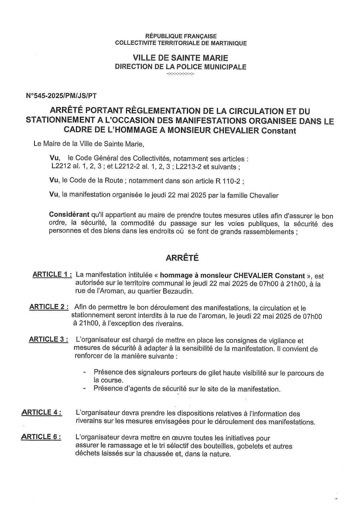 Illustration 2 de l’actualité « CIRCULATION ET STATIONNEMENT HOMMAGE A M. CHEVALIER CONSTANT »