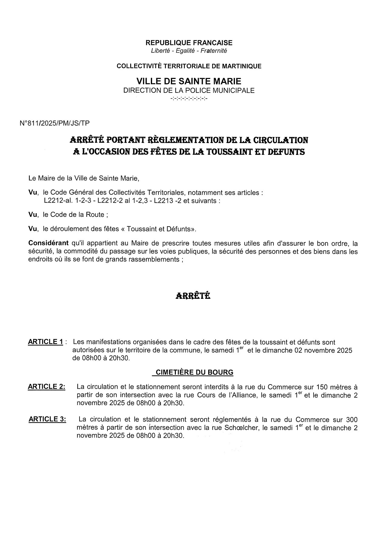 Illustration 1 de l’actualité « REGLEMENTATION DE LA CIRCULATION – FETES DE LA TOUSSAINT ET DES DEFUNTS »