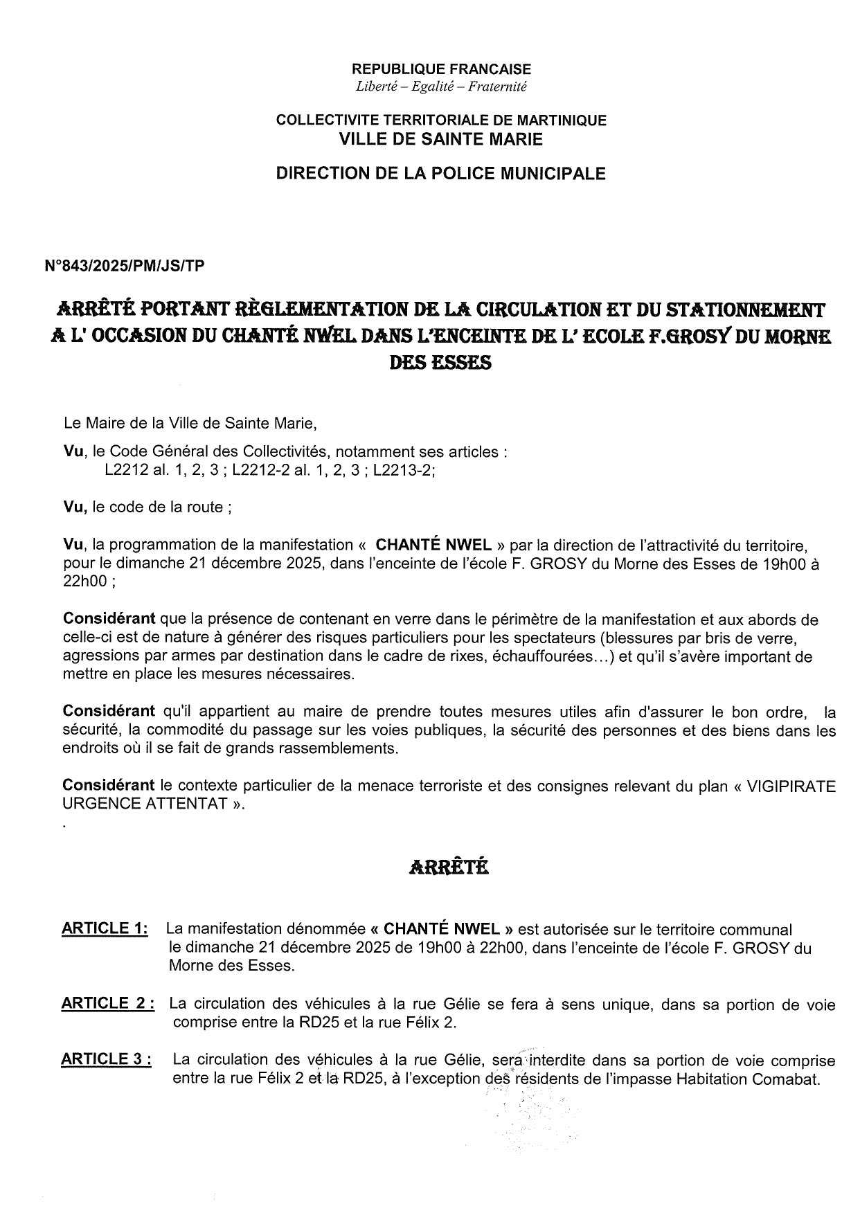 Illustration 2 de l’actualité « ARRETE CIRCULATION ET SECURITE CHANTE NWEL A L'ECOLE F. GROSY »