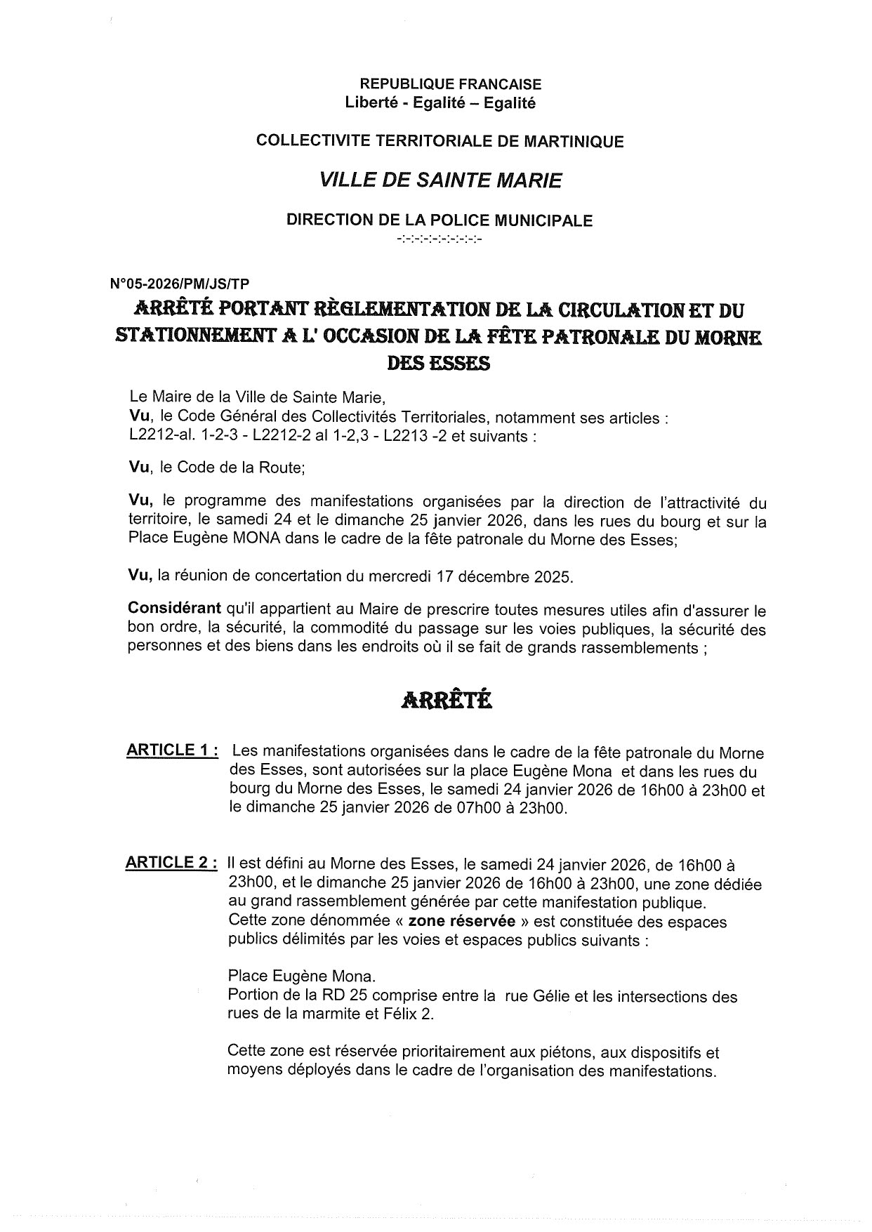 Illustration 1 de l’actualité « INFORMATION A LA POPULATION – FÊTE PATRONALE DU MORNE DES ESSES »