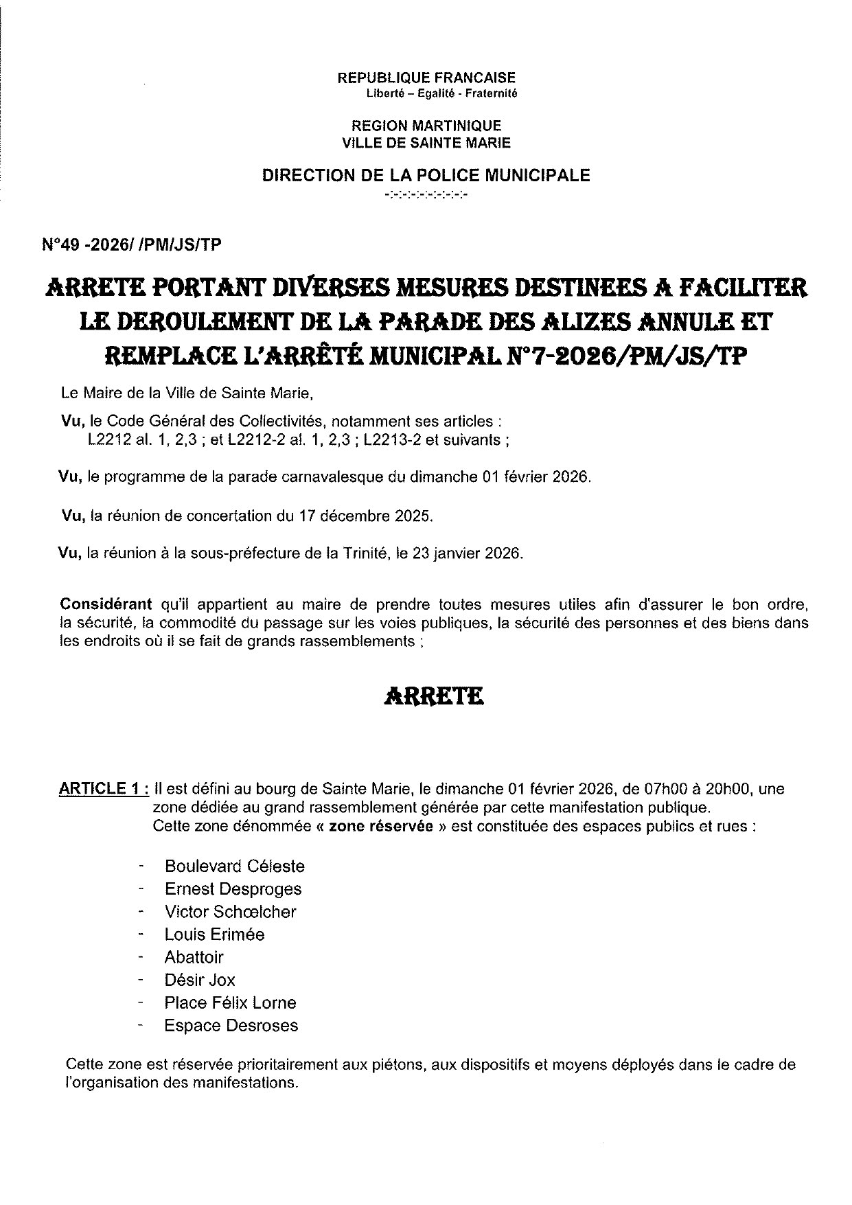 Illustration 1 de l’actualité « ARRETE PORTANT DIVERSES MESURES DESTINEES A FACILITER LE DÉROULEMENT DE LA PARADE DES ALIZES »
