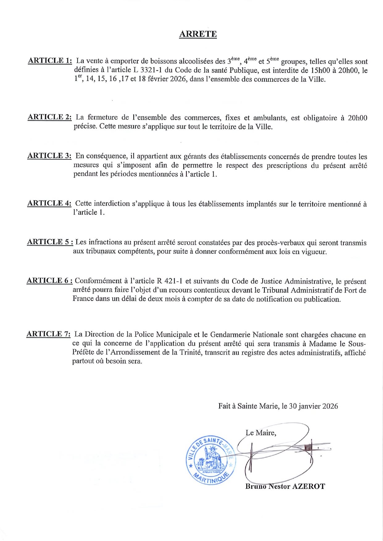 Illustration 1 de l’actualité « ARRETE PORTANT INTERDICTION TEMPORAIRE DE VENTE A EMPORTER D'ALCOOL A L'OCCASION DES FESTIVITES CARANAVALESQUES »