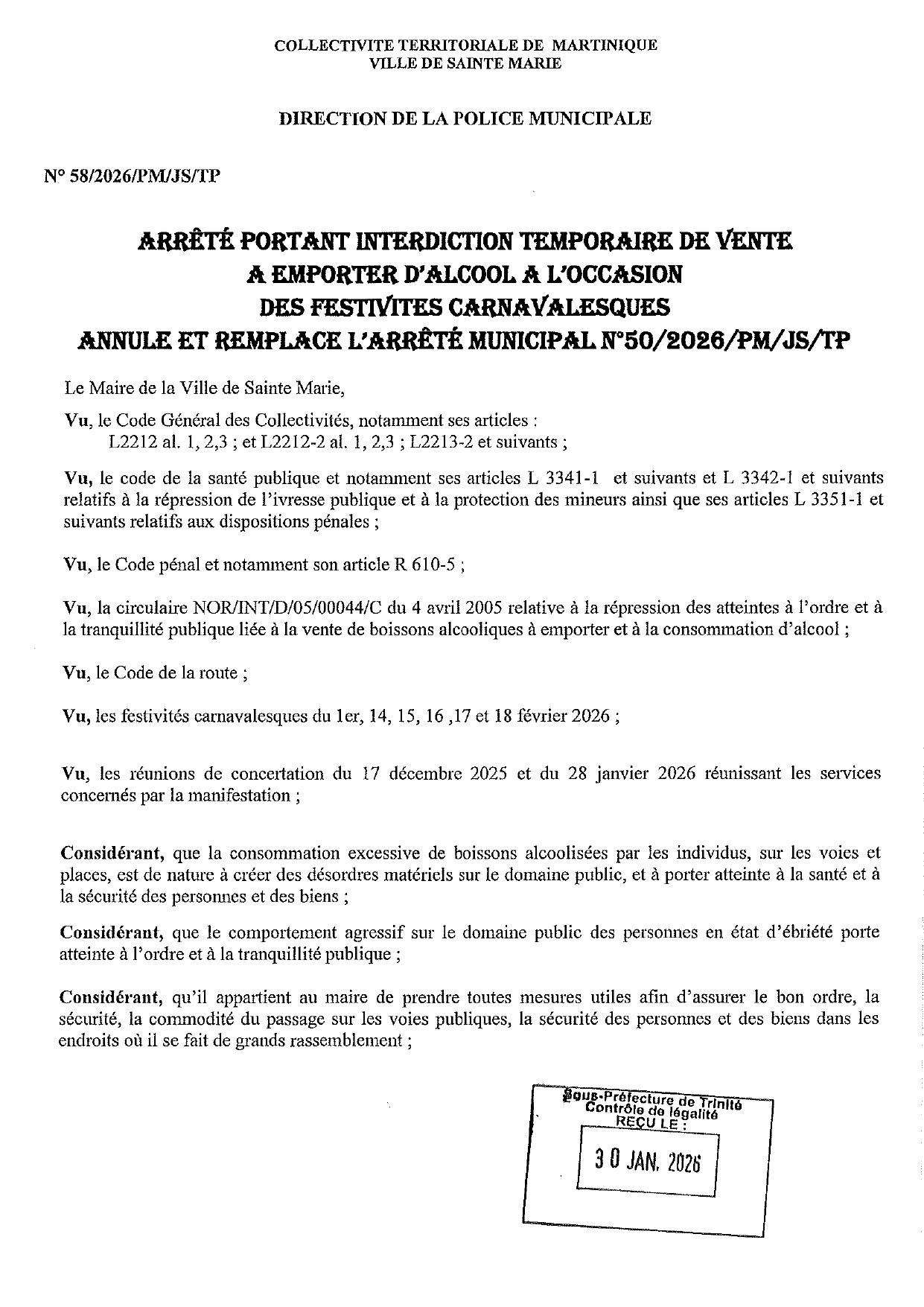 Illustration 2 de l’actualité « ARRETE PORTANT INTERDICTION TEMPORAIRE DE VENTE A EMPORTER D'ALCOOL A L'OCCASION DES FESTIVITES CARANAVALESQUES »