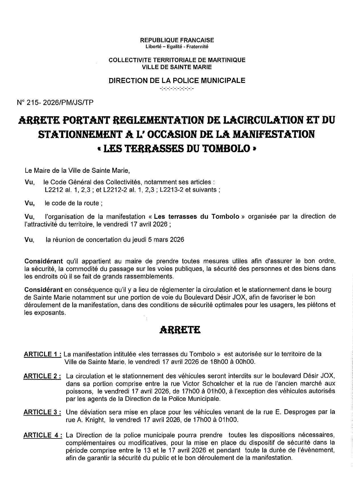 Illustration 1 de l’actualité « REGLEMENTATION DE LA CIRCULATION ET DU STATIONNEMENT – « LES TERRASSES DU TOMBOLO » »