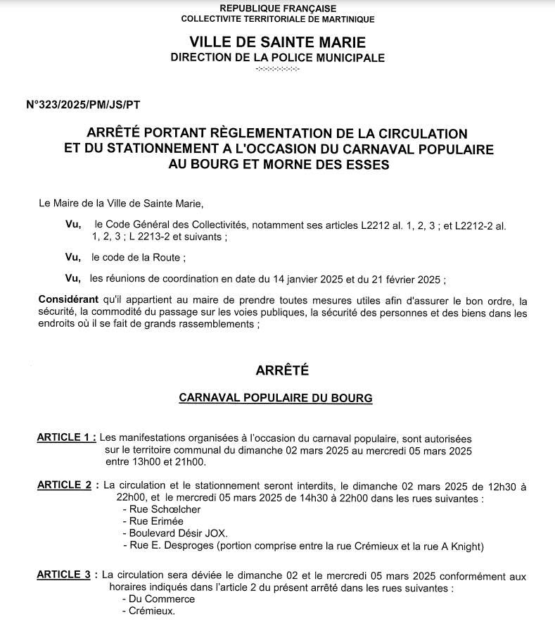 Illustration 4 de l’actualité « ARRETE PORTANT REGLEMENTATION DE LA CIRCULATION ET DU STATIONNEMENT A L'OCCASION DU CARNAVAL POPULAIRE AU BOU… »