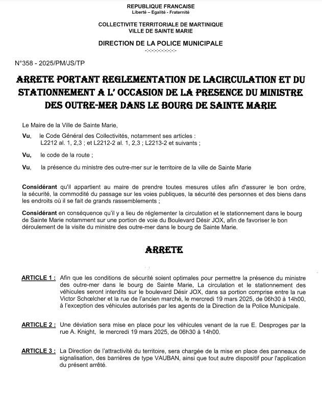Illustration 2 de lβactualitΓ© Β« ARRETE PORTANT REGLEMENTATION DE LA CIRCULATION ET DU STATIONNEMENT A L'OCCASON DE LA PRESENCE DU MINISTRE DEβ¦ Β»